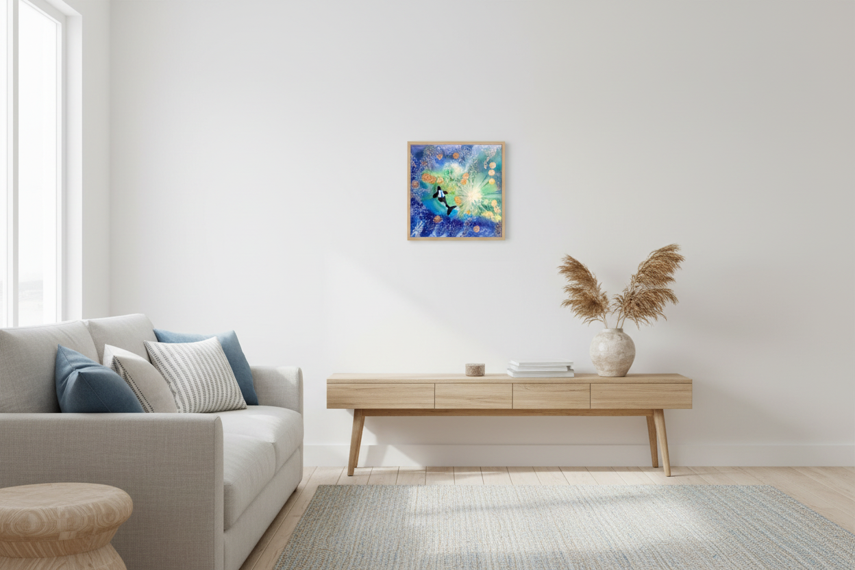 Orca 30x30cm art print to scale in a coastal living room
