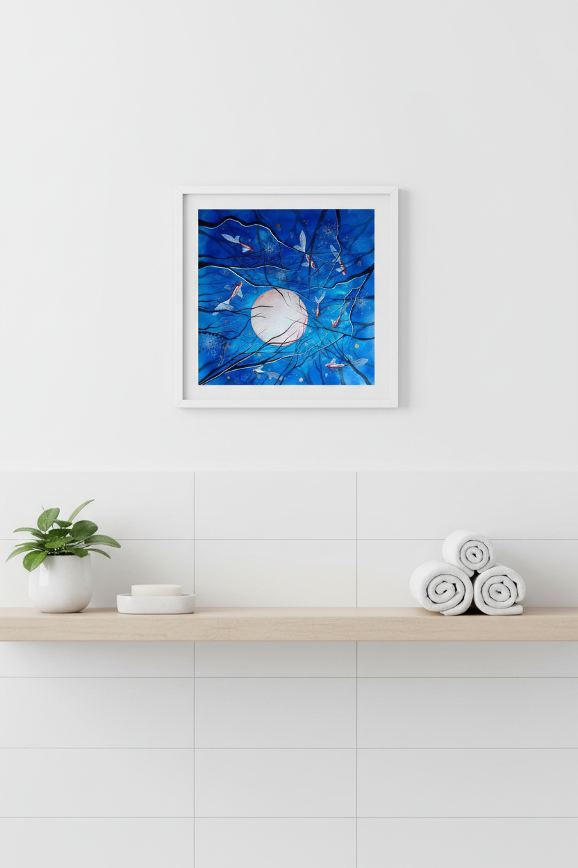 Blue Pull art print above a bathroom shelf