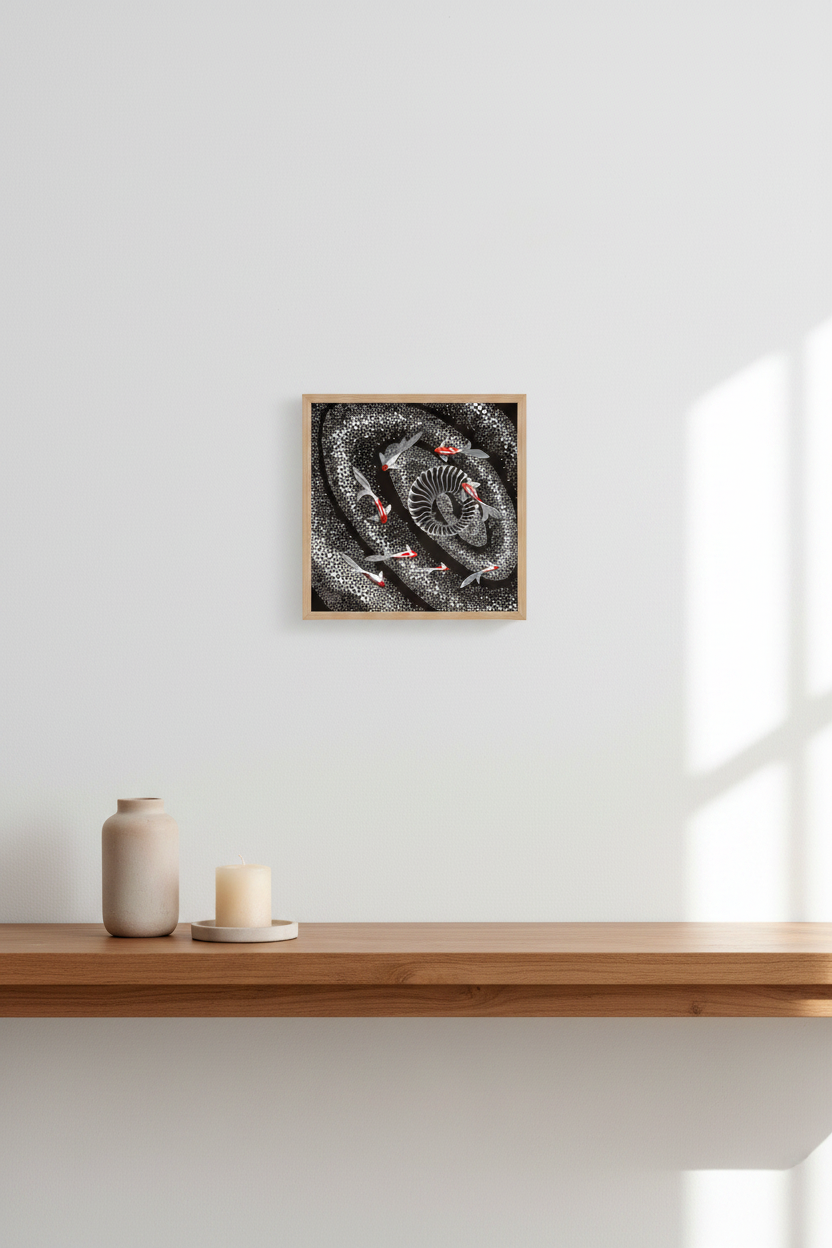 Serene Spiral art print above a console table