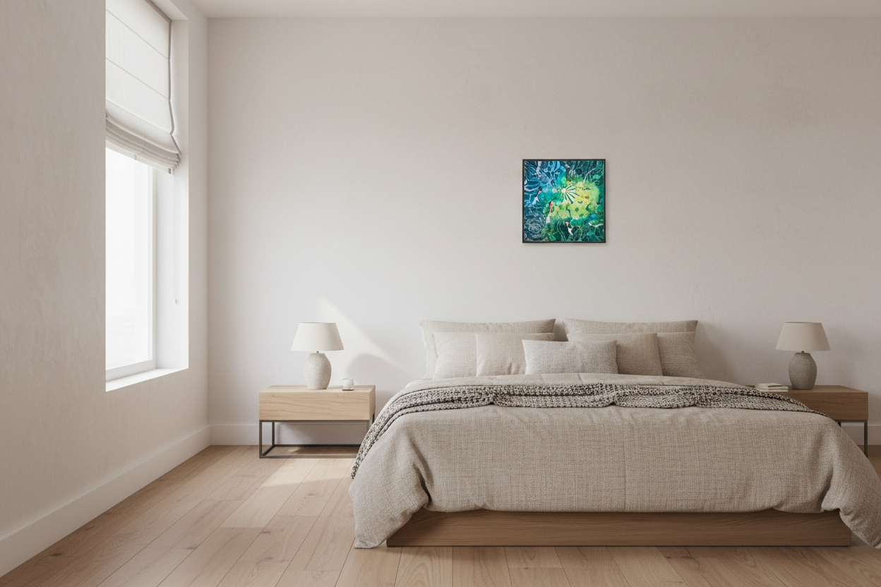 Radiant Flow 30x30cm koi art print to scale in a Japandi bedroom