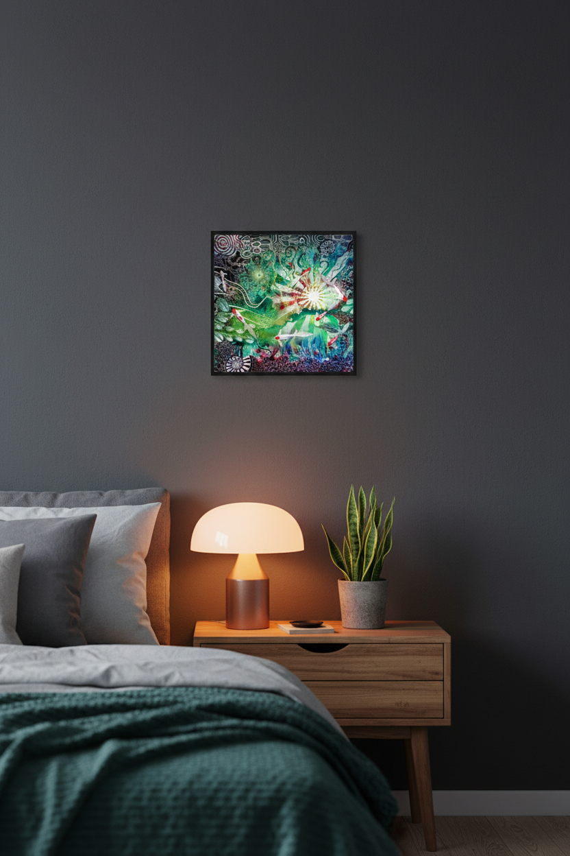 After dark there is light art print above a bedside table