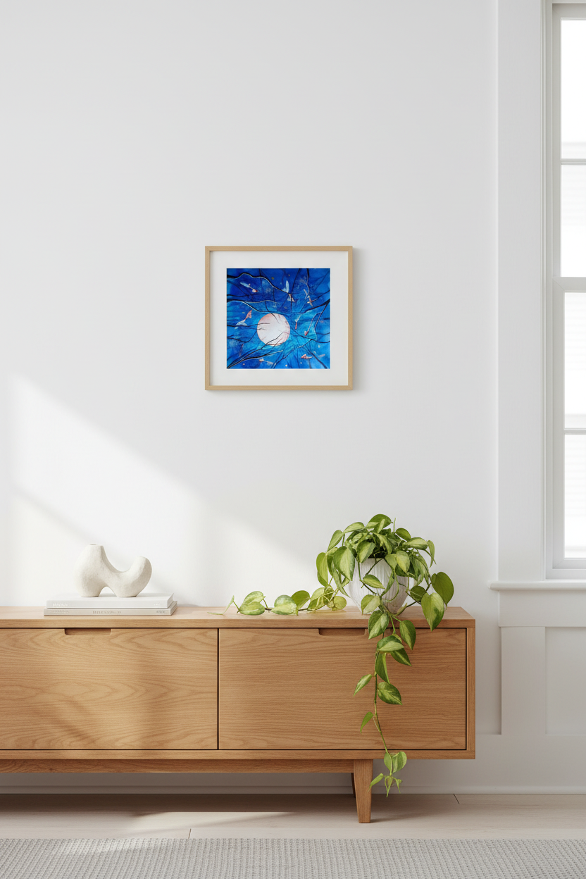 Blue Pull art print above a Scandinavian sideboard