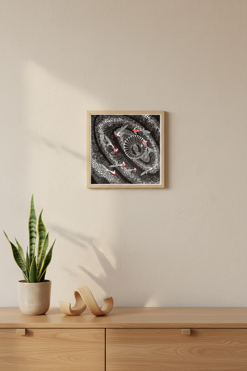 Serene Spiral art print above a Japandi sideboard