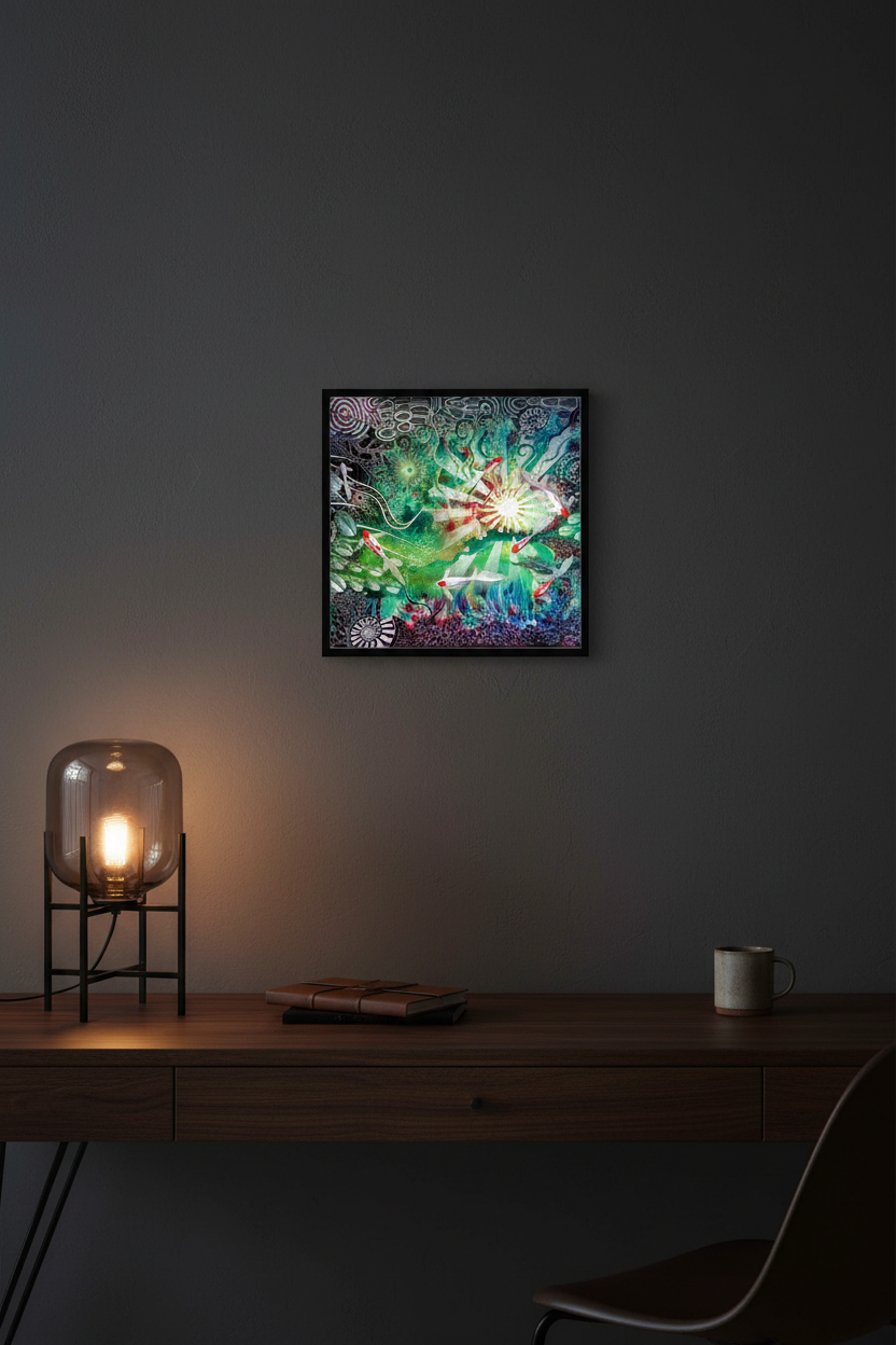 After dark there is light art print above a home office desk