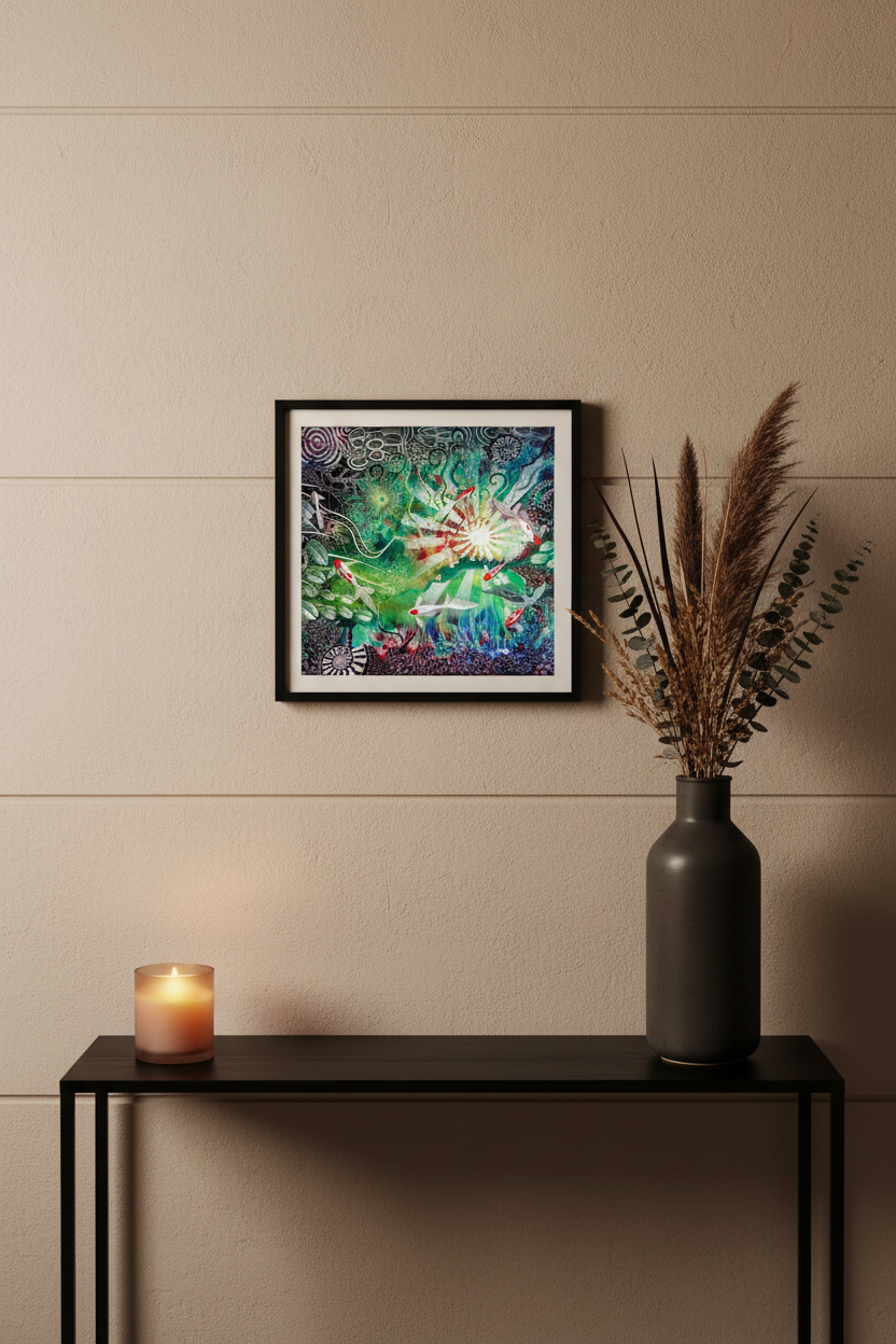 After dark there is light art print above a console table