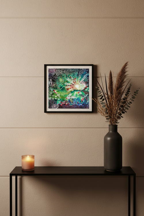 After dark there is light art print above a console table