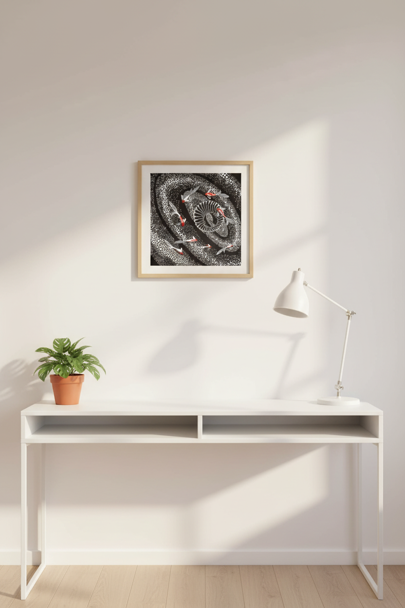 Serene Spiral art print above a home office desk